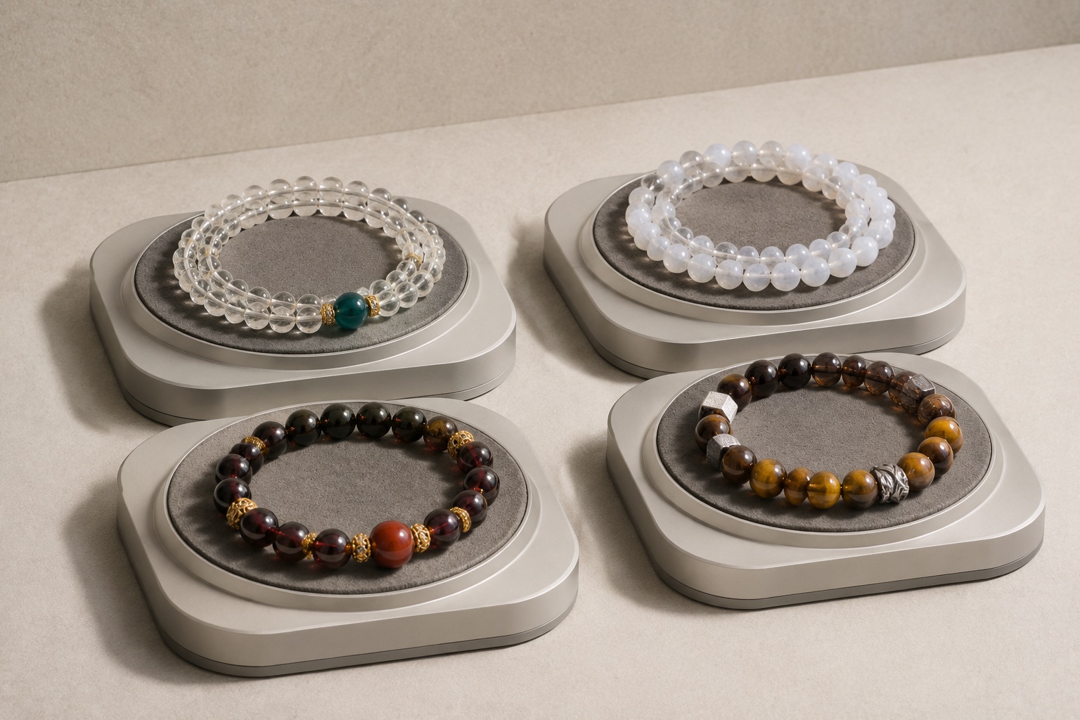 Four crystal bracelets displayed on moonstone-colored stands