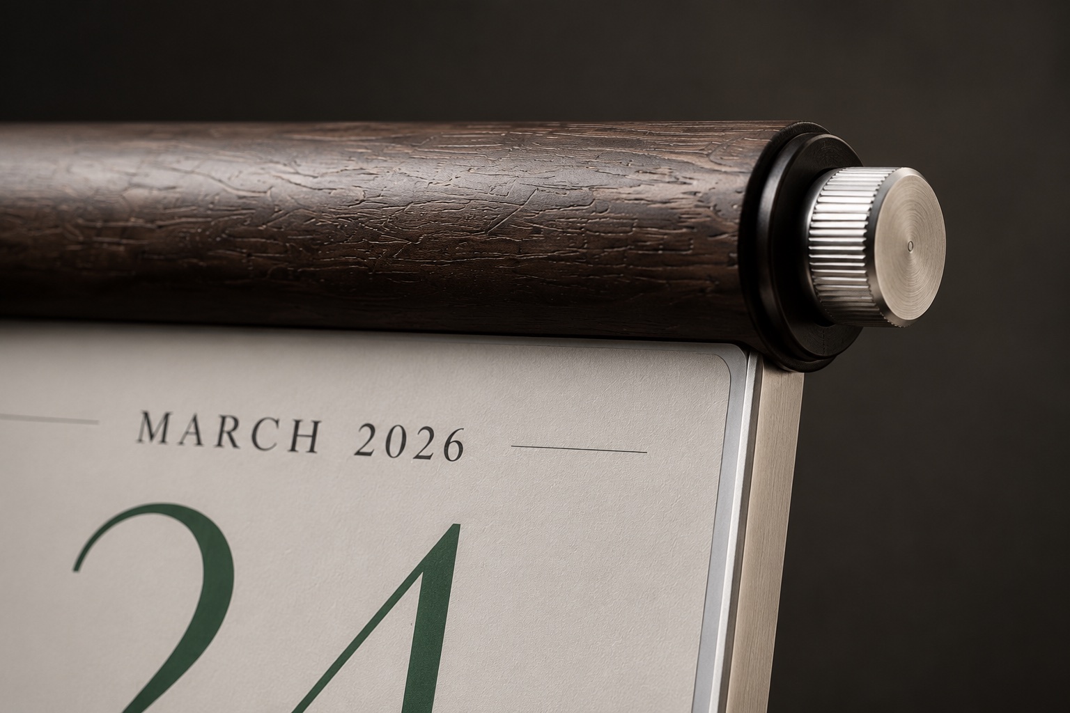 Close-up of the Lucky Calendar top rail and metal control